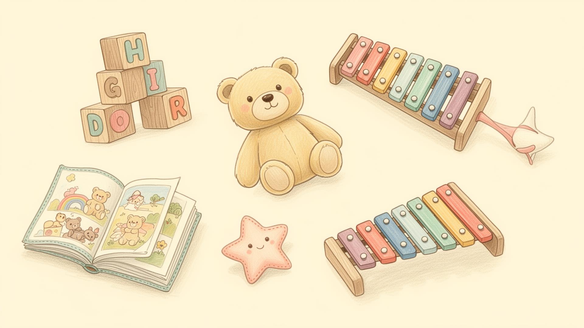 A playful collection of plush bears, stacking blocks, story books and a rainbow xylophone